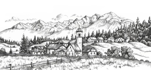 Obraz premium Embossed illustration of a hand drawn sketch in vintage retro style of an old town against a mountain backdrop