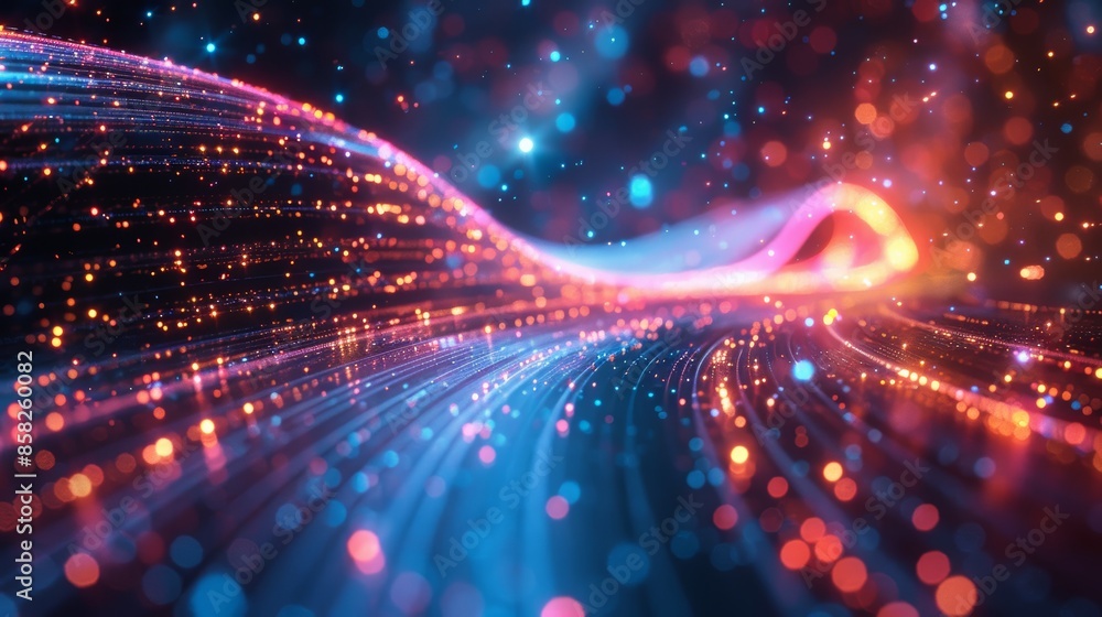 Poster abstract background with glowing particles and lines of light in a blue, red, and orange color schem