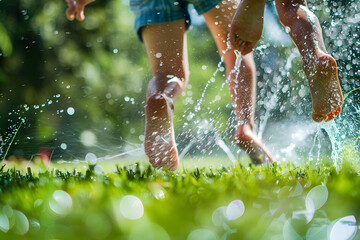 A vibrant close-up photo of children’s feet running through a sprinkler on a grassy lawn, capturing the fun and joy of a hot summer day 
