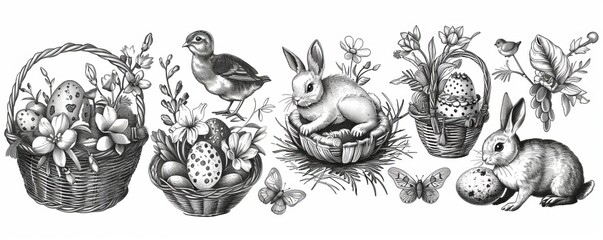 Easter eggs, basket, rabbit, willow, and tulips. Modern illustration set for spring holidays