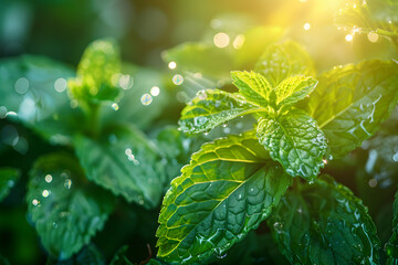 A vibrant close-up photo of fresh mint leaves growing in a garden, with droplets of water on the leaves reflecting sunlight, perfect for a refreshing summer vibe