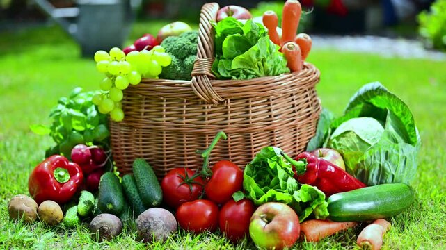 Wicker basket with vegetables and fruits in the garden