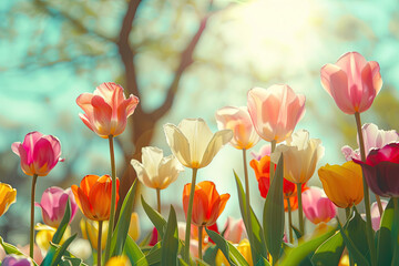 Vibrant Tulips in the Sun, Spring Meadow Background with Copy Space: Floral Nature Concept