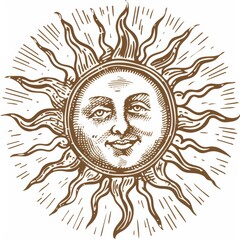 Fototapeta premium An engraving modern illustration of a sun with a face in color
