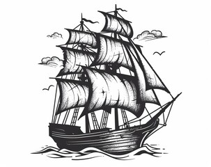 Illustration of an old ship frigate sailboat drawn by hand
