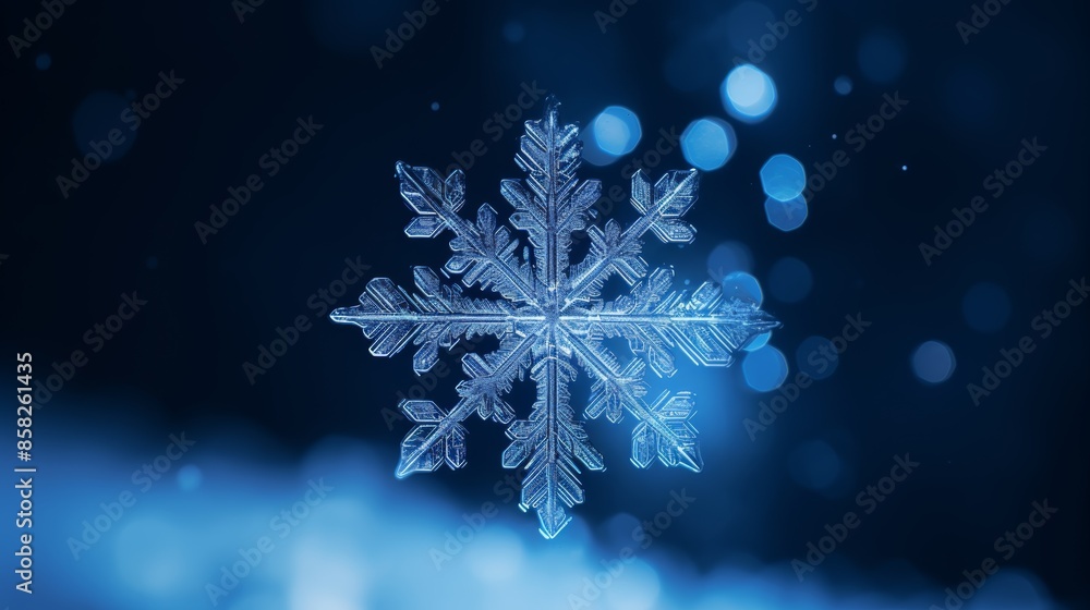 Poster a macro photograph of a snowflake, its intricate patterns reflecting the blue light of the stars.