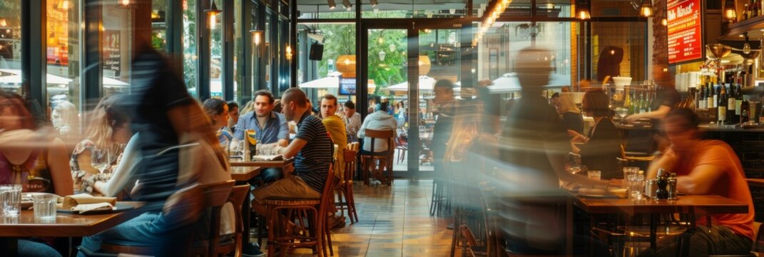 A casual restaurant scene with blurry figures dining and chatting. The image offers copy space on the right side for branding and messaging
