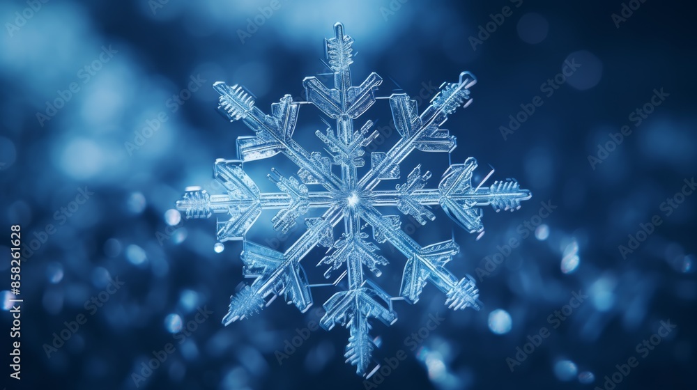 Fototapete a macro photograph of a snowflake, its intricate patterns reflecting the blue light of the stars.