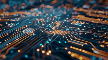 Closeup of a microchip with connected circuits
