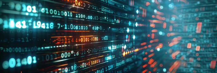 A close-up shot of a computer screen showcasing a dynamic digital interface. The screen displays a multitude of numbers, pixelated data streams, and the word VSEKT