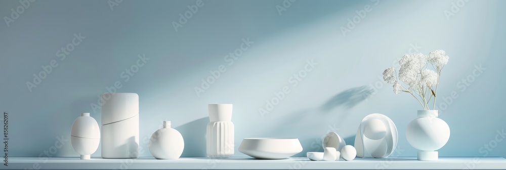Poster a still life featuring a variety of modern white ceramic objects arranged on a table. the objects in