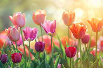 Obraz premium Vibrant Spring Tulips in Sunny Meadow - Floral Nature Background with Copy Space