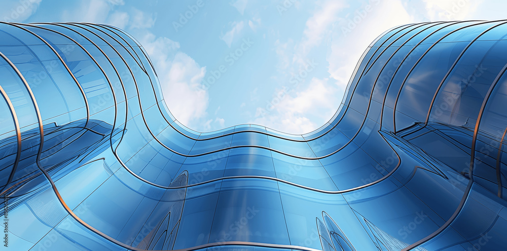 Aufkleber modern glass skyscraper with curve windows, 3d rendering of futuristic building, low angle view with