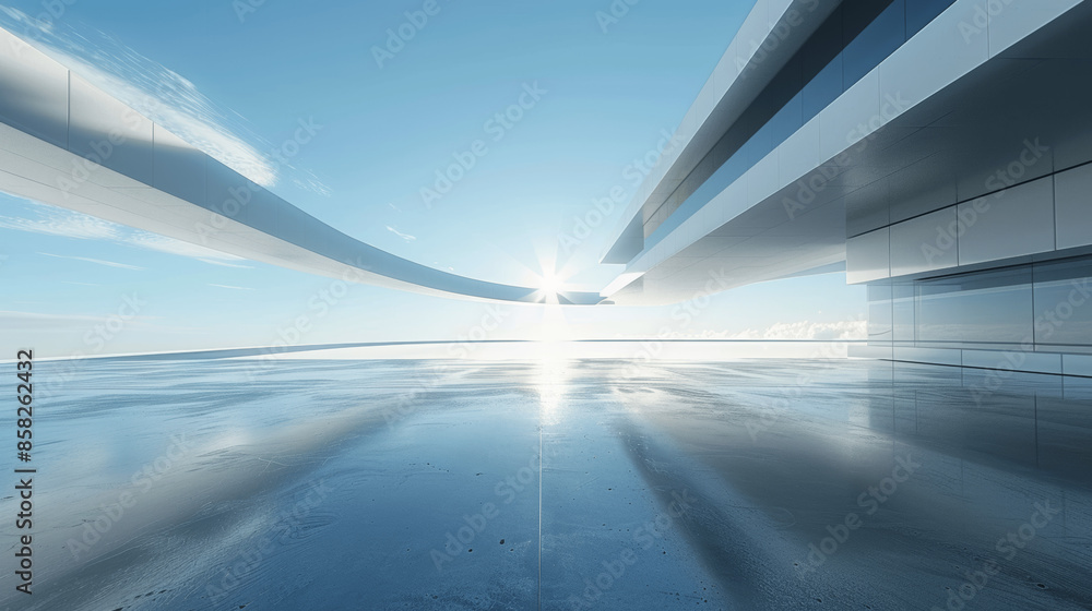 Poster abstract minimalist 3d rendering of futuristic glass structures with empty concrete floor in bright 