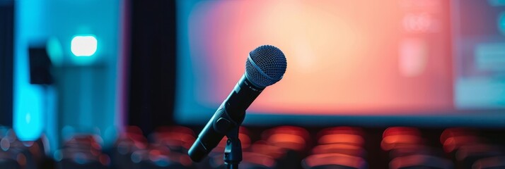 A close-up shot of a microphone positioned on a stand in front of a large screen, ready for a presentation or event