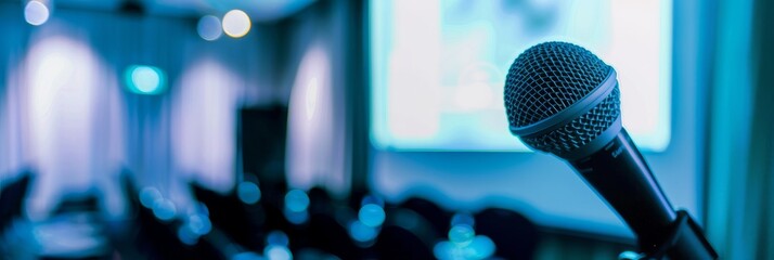 A black microphone on a stand in front of a large screen in a conference room. Blue tones create a calm and professional atmosphere