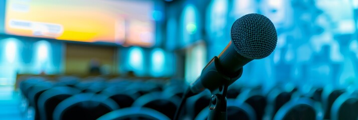 A microphone stands ready for a presentation in a conference room. An empty screen and rows of seats are in the background