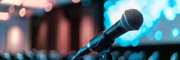 A close-up shot of a microphone positioned in front of a large screen, likely set up for a presentation or event. The background features blurred lights and out-of-focus audience members