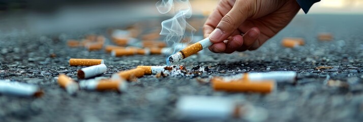 A person lights a cigarette on an asphalt street, surrounded by numerous cigarette butts