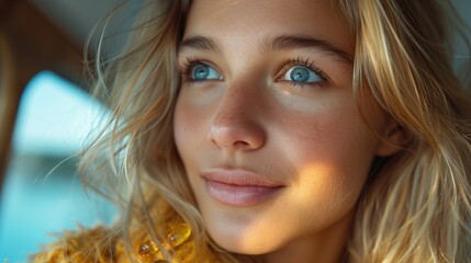 Fototapeta premium A close-up shot of a young woman with blonde hair and blue eyes, looking thoughtfully outside from a window, capturing the essence of contemplation and daydreaming.
