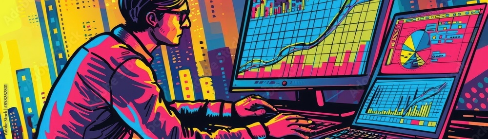 Poster Vibrant illustration of a professional analyzing financial data on multiple screens, reflecting the dynamic world of stock markets and technology.