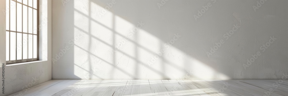 Poster a photograph of a white wall illuminated by soft sunlight streaming through a large window