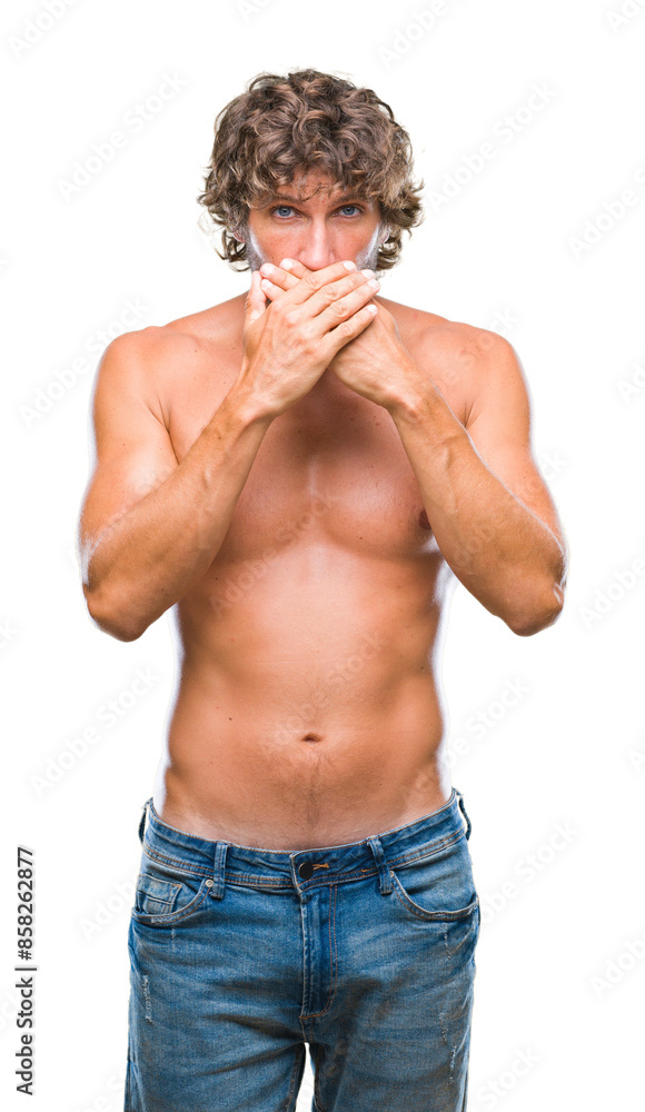 Canvas Prints Handsome hispanic model man sexy and shirtless over isolated background shocked covering mouth with hands for mistake. Secret concept.