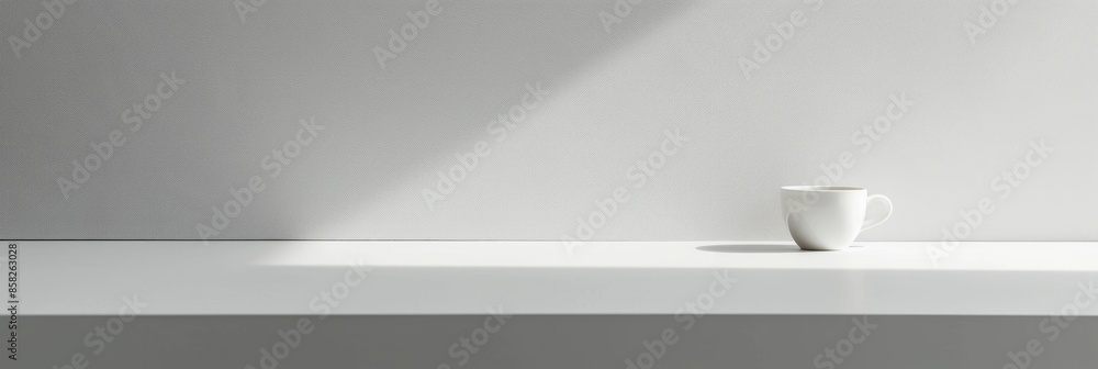 Poster a single white cup sits on a white countertop in a minimalistic setting. soft light casts a gentle s