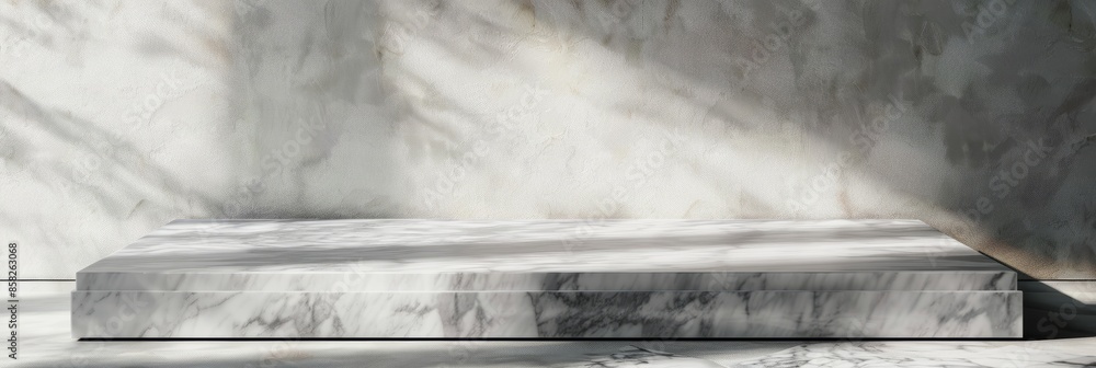 Poster a white marble shelf sits on a marble floor with copy space on the right side. sunlight casts shadow