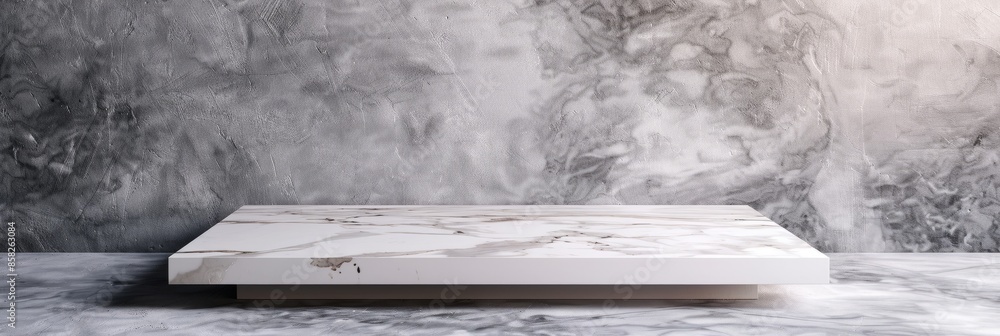 Poster a white marble shelf sits atop a marble floor with copy space to the right. the backdrop features a 