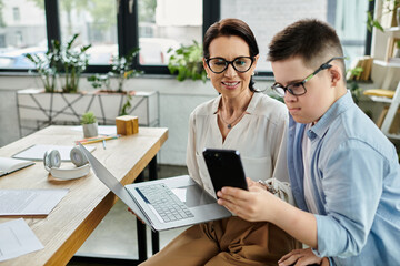A mother and her son with Down syndrome work side-by-side in a modern office, showcasing...