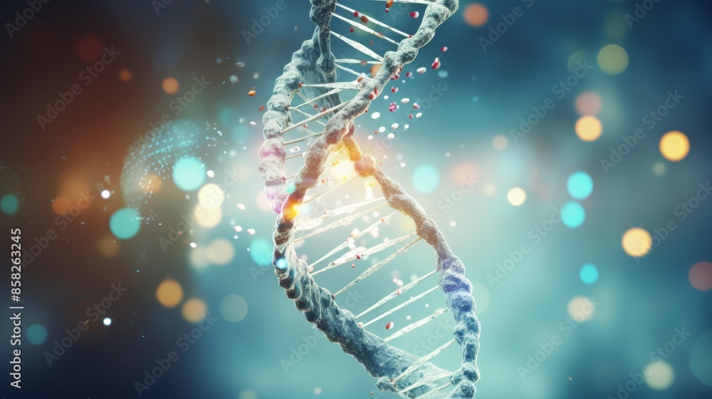 Poster a mesmerizing animation of a digital dna molecule, its structure morphing into various medical symbo