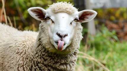 Fototapeta premium Funny sheep. Portrait of sheep showing tongue. 