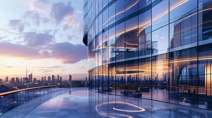 Corporate Show a sleek corporate building with glass windows reflecting the cityscape, symbolizing modern corporate culture.