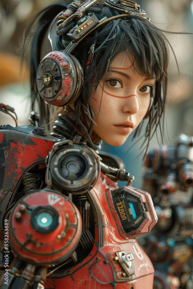 Poster futuristic cyborg girl with mechanical enhancements and advanced robotics in a high tech sci fi envi