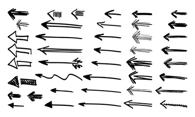 Forty two hand drawn arrows of different types, shapes and lengths. Doodles and squiggles. Vector set