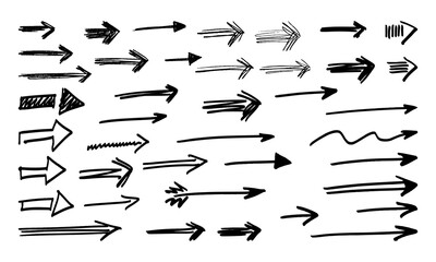 Forty hand drawn arrows of different types, shapes and lengths. Doodles and squiggles. Vector set