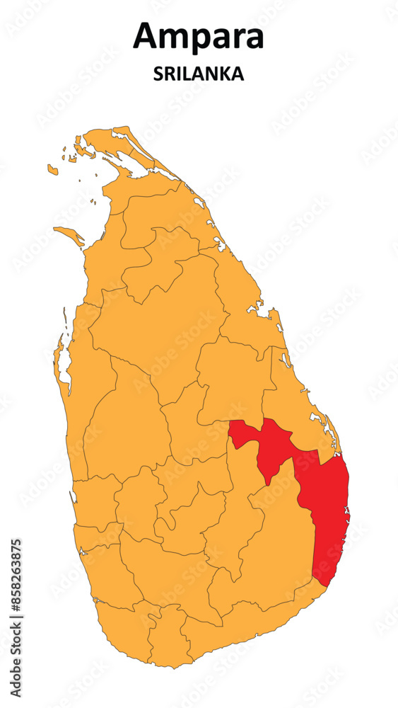 Canvas Prints Ampara Map is highlighted on the Srilanka map with detailed state and region outlines.