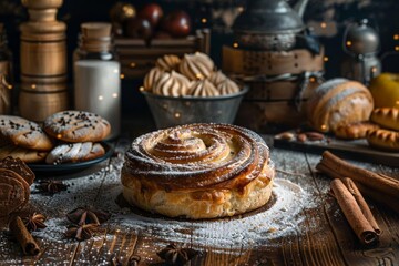 Craft a captivating wide-angle composition of a freshly baked pastry, emphasizing its buttery, melt-in-your-mouth goodness through a mix of traditional and digital techniques,