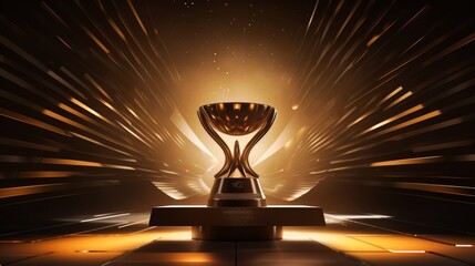 Victory podium with gold, silver, and bronze trophies in 3d design for award ceremony event