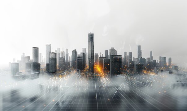 Modern architectural design model of a generic city skyscraper in 3D wireframe with blueprint information and elevations. illustration images