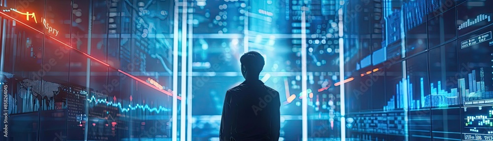 Poster Silhouette of a person looking at futuristic digital data screens in a high-tech environment with glowing graphs and charts.