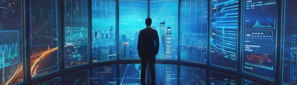 Poster businessman standing in a futuristic room with digital screens analyzing data, charts, and graphs on