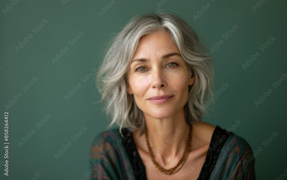 Wall mural A woman with short gray hair and a necklace is smiling. She is wearing a green dress. Concept of happiness and confidence