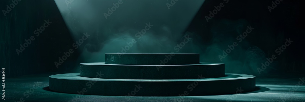 Poster an overhead view of a dark green podium stage with three levels, bathed in spotlight, creating a dra