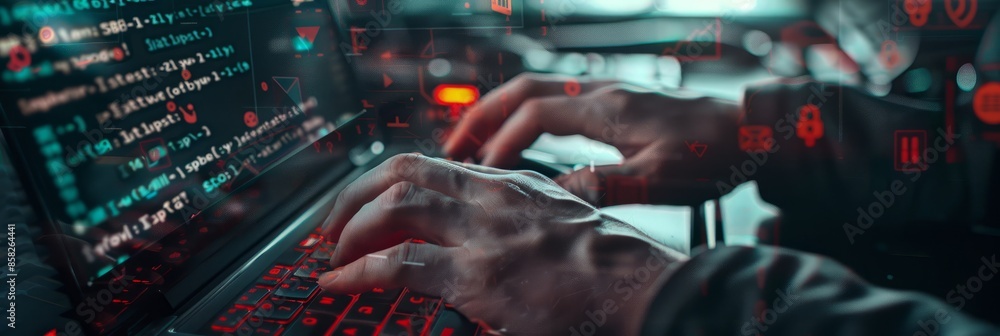 Wall mural Close-up shot of a hackers hands typing on a laptop keyboard, with lines of code and binary numbers visible on the screen