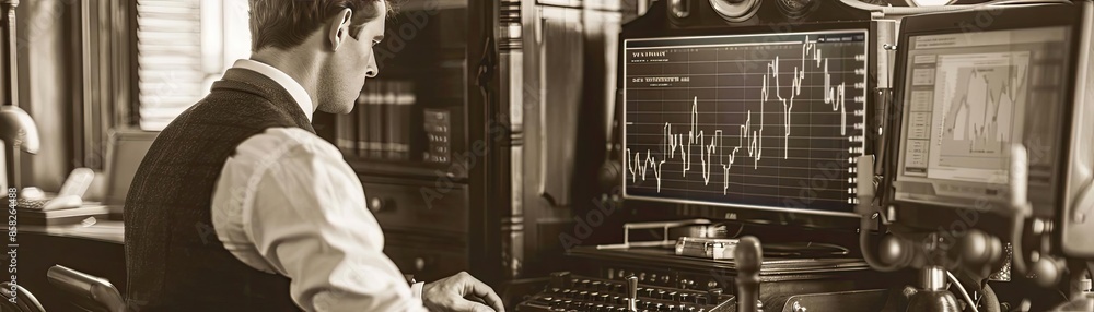 Poster vintage businessman analyzing financial data on a computer screen with stock market charts in a clas