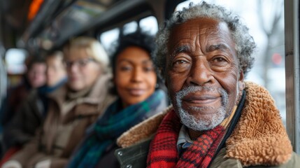 Obraz premium An elderly man with gray hair and a red scarf, seated on a bus, with other passengers slightly out of focus in the background, presenting a serene and thoughtful expression.