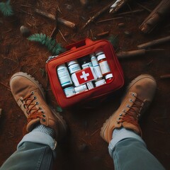 Top view of a first aid kit lying on the ground at the feet, showing a red bag of medicines as part of camping equipment for forest survival.