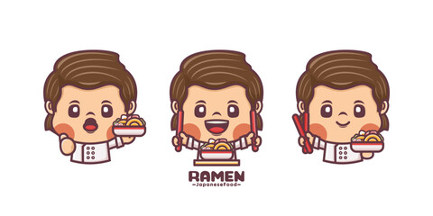 chef cartoon mascot with japanese food ramen